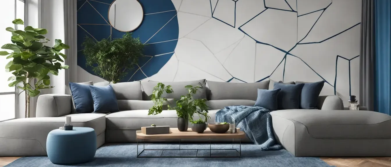 sala-moderna-adesivagem.webp Sala de estar moderna com parede adesivada em padrão geométrico azul e cinza, sofá e mesa de centro com vaso de plantas.